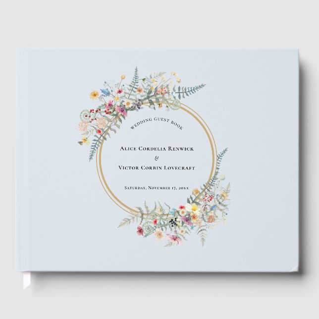 Boho Wildflower Fern Dusty Blue Wedding Guest Book (Front)