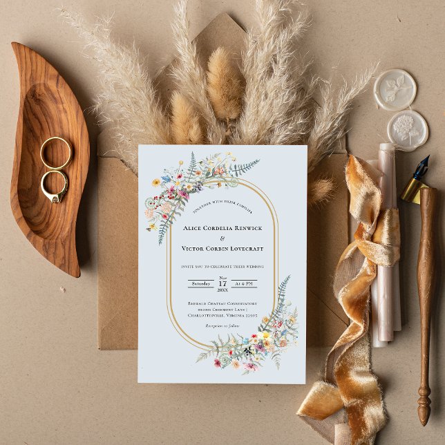 Boho Wildflower Fern Dusty Blue Wedding Invitation (Creator Uploaded)