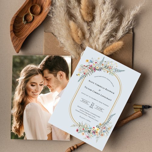 Boho Wildflower Fern Dusty Blue Wedding Photo Invitation