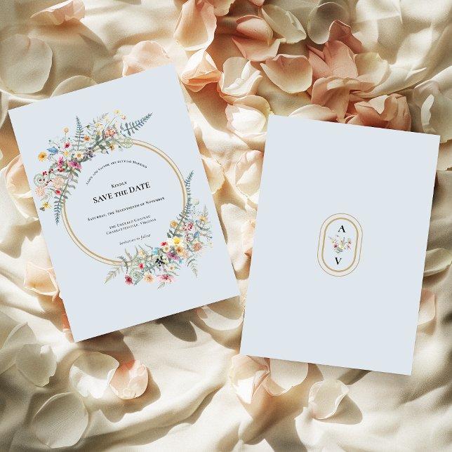 Boho Wildflower Fern Dusty Blue Wedding Save The Date (Creator Uploaded)