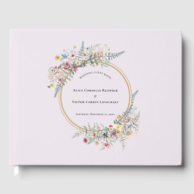 Boho Wildflower Fern Lavender Wedding Guest Book (Front)