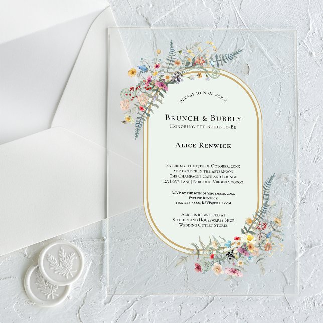 Boho Wildflower Fern Mint Green Bridal Brunch Acrylic Invitations (Creator Uploaded)