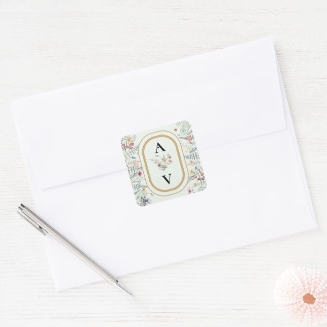 Boho Wildflower Fern Mint Green Monogram Favor Square Sticker (Envelope)