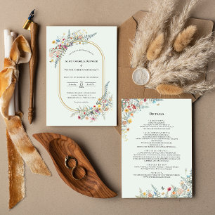Boho Wildflower Fern Mint Green Wedding Details Invitation