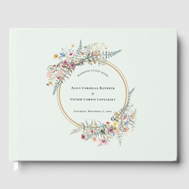 Boho Wildflower Fern Mint Green Wedding Guest Book (Front)