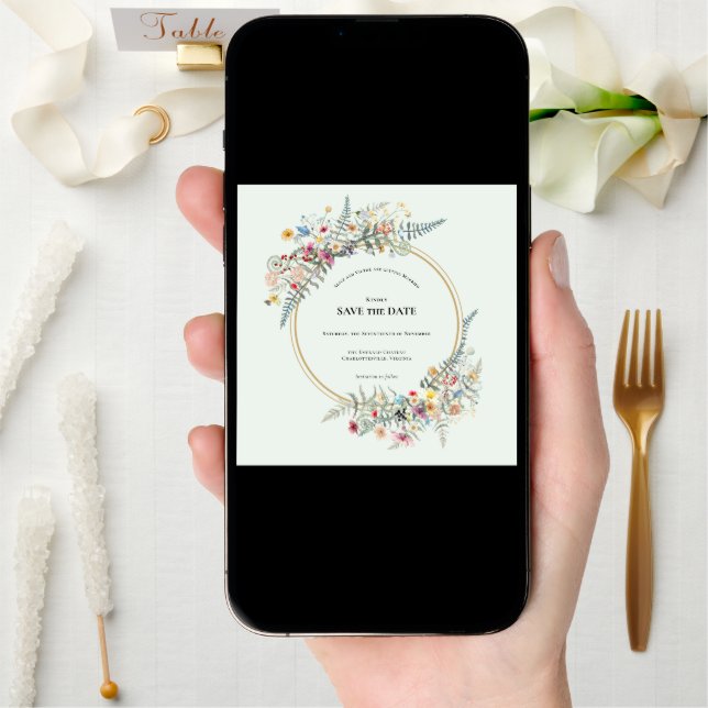 Boho Wildflower Fern Mint Green Wedding Round Save The Date (Front Digital)