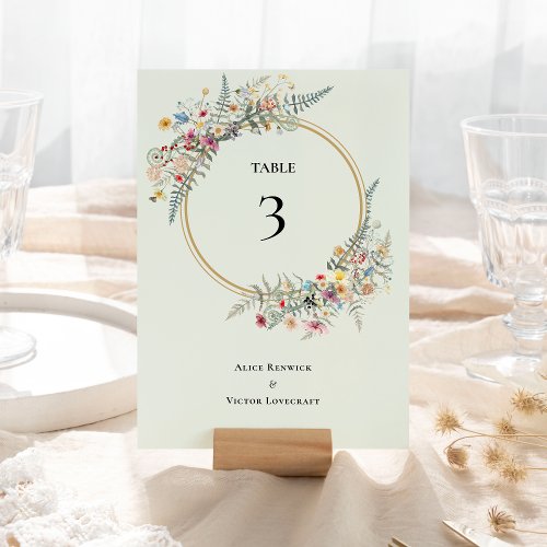 Boho Wildflower Fern Mint Green Wedding Table Number