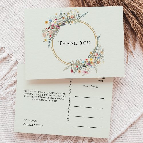 Boho Wildflower Fern Mint Green Wedding Thank You Postcard