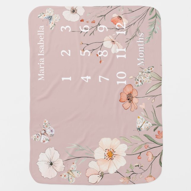 Boho Wildflower Flora Monthly Milestone  Baby Blanket (Front)