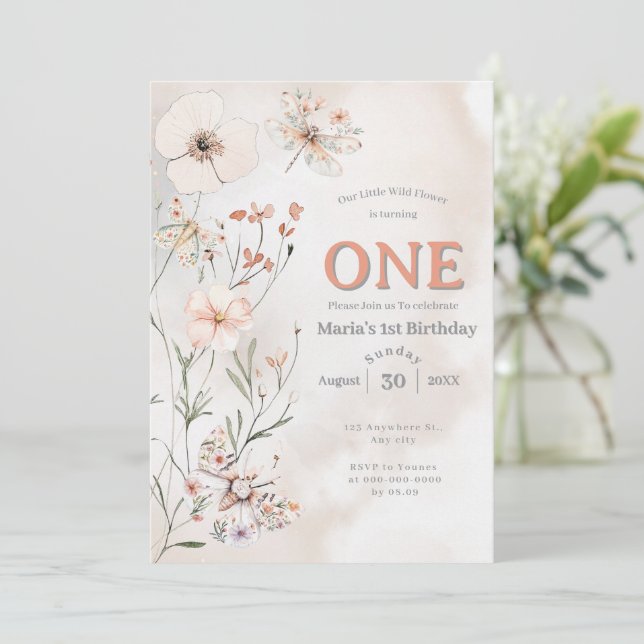 Boho Wildflower Floral Baby Birthday Invitation (Standing Front)