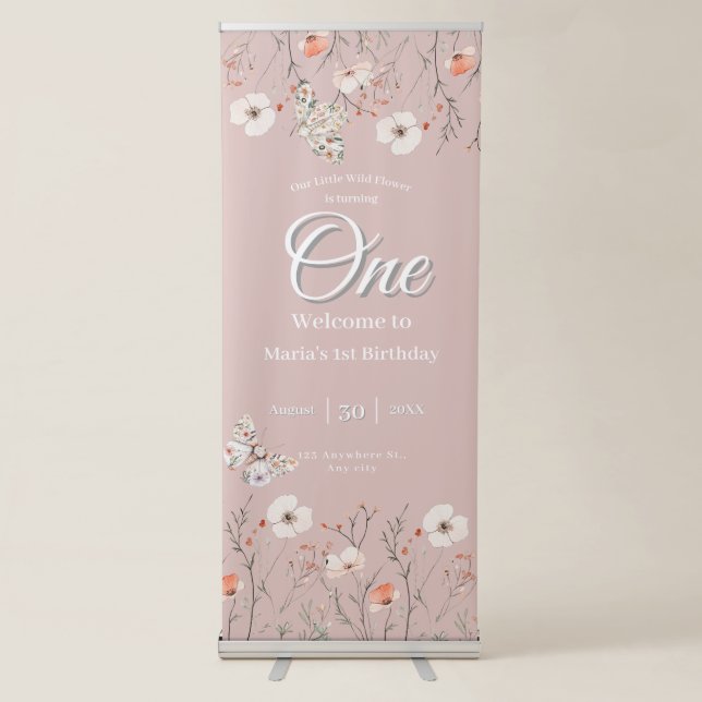 Boho Wildflower Floral Baby Birthday Retractable Banner (Front)