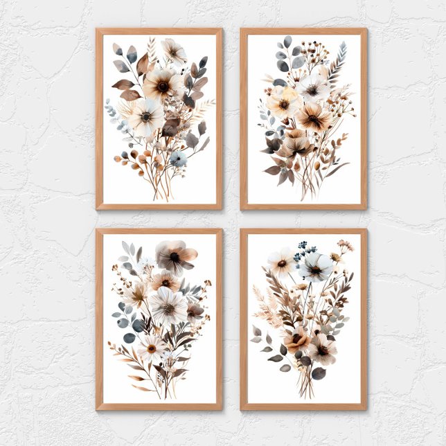 Boho Wildflower Floral Botanicals Blue Brown Beige Wall Art Sets (Boho Wildflowers Blue Brown Beige Watercolor Floral Wall art set of 2, 3 or 4 prints)