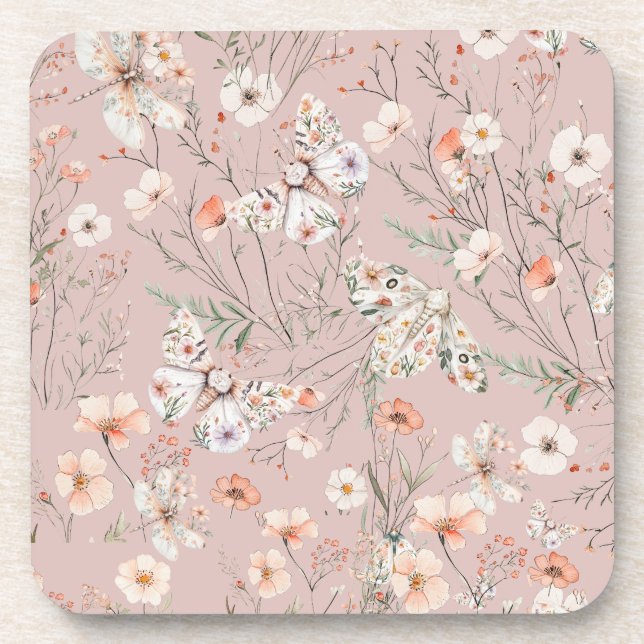 Boho Wildflower Floral Butterfly Beverage Coaster (Front)