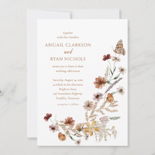 Boho Wildflower Floral Butterfly Wedding Invitation