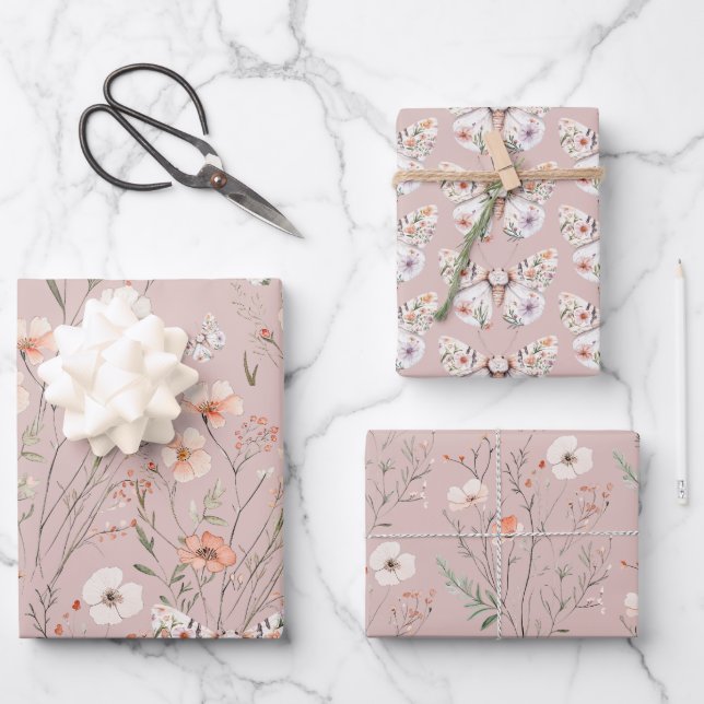 Boho Wildflower Floral Butterfly Wrapping Paper Sheets (Front)
