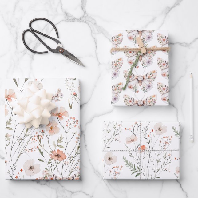 Boho Wildflower Floral Butterfly Wrapping Paper Sheets (Front)