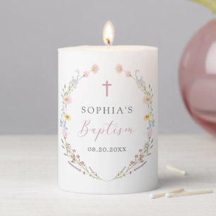 Boho Wildflower Floral Girl Baptism Pillar Candle