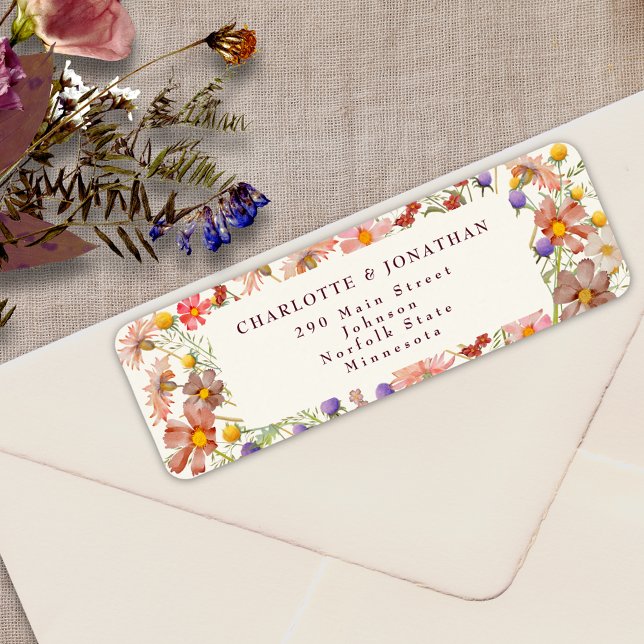 Boho Wildflower Floral Ivory Burgundy Wedding Label (Boho fall rustic wildflower floral burgundy burnt orange ivory cream wedding return address label )