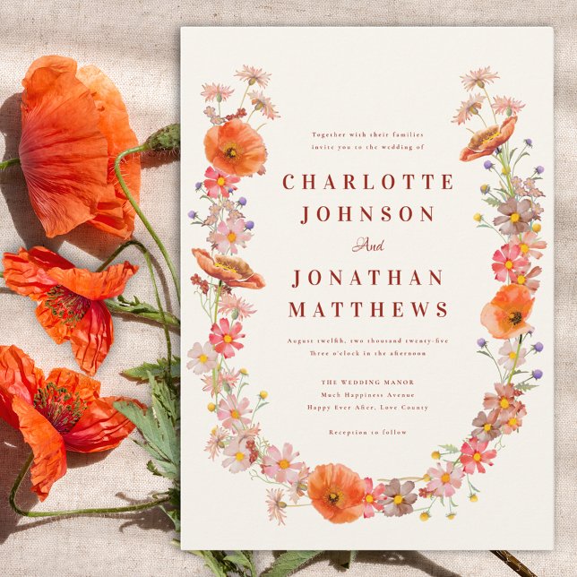 Boho Wildflower Floral Orange Brown Wedding Invitation (Modern wildflower watercolor wedding invitation)