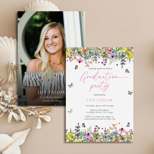 Boho Wildflower Floral Photo Graduation Party  Invitation