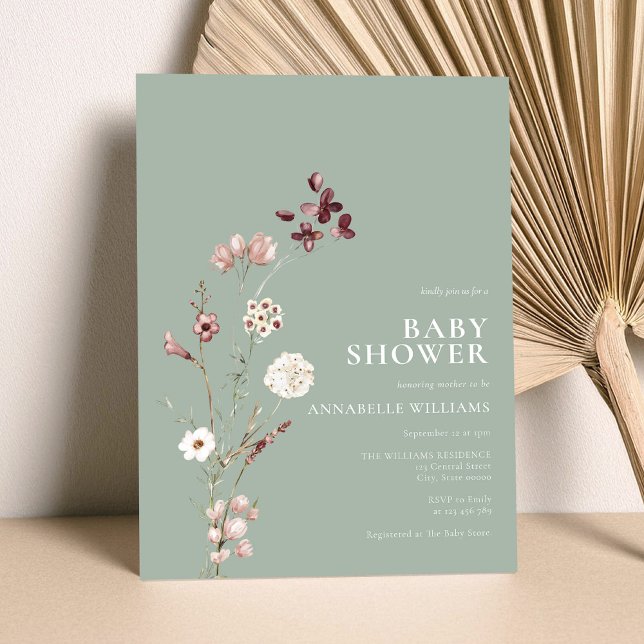Boho Wildflower Floral Sage Green Baby Shower Invitation (Creator Uploaded)