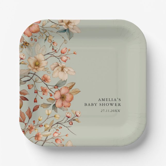 Boho Wildflower Floral Sage Green Baby Shower Paper Plates (Front)
