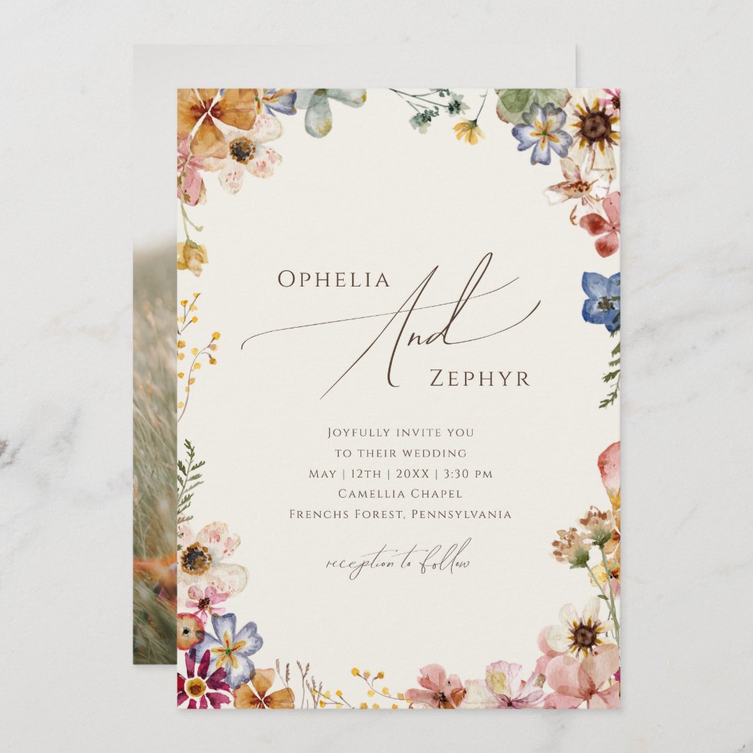 Boho Wildflower Garden Beige Photo Casual Wedding Invitation | Zazzle