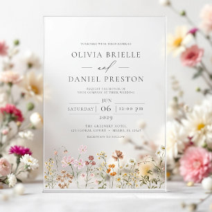 Boho Wildflower Garden Charcoal Gray Wedding Acrylic Invitations