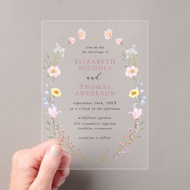 Boho Wildflower Garden Wreath Wedding Acrylic Invitations (Insitu (Handheld))