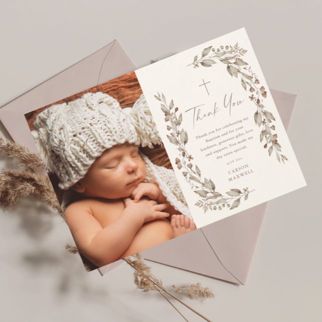 Boho Wildflower Gender Neutral Photo Baptism Thank You Card (Boho wildflower elegant ivory gender neutral photo baptism thank you card.)