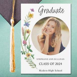 Boho Wildflower Girl Photo High School Graduation Announcement