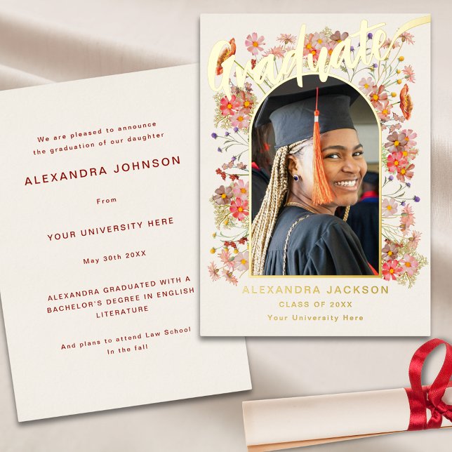 Boho Wildflower Grad Photo Elegant Script Gold Foil Invitation (Boho wildflower Grad photo elegant script gold foil graduation announcement card)
