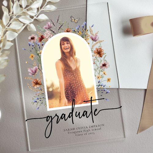 Boho Wildflower Graduate Photo Acrylic Invitations