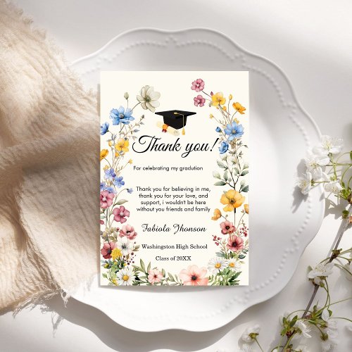 Boho WIldflower graduation photo thank you Card