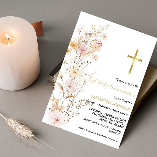 Boho Wildflower Grass  Girl First Holy Communion Invitation