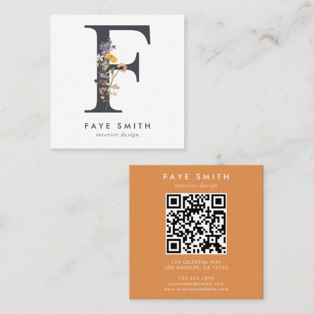 Boho Wildflower Initial F QR Code Square Business Card (Front/Back)