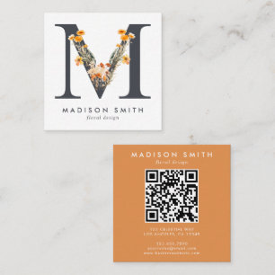 Boho Wildflower Initial M QR Code Square Business Card