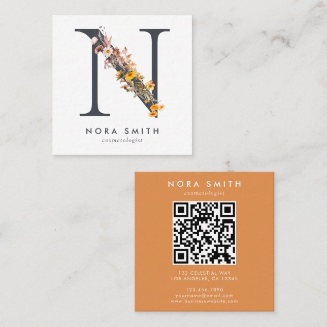 Boho Wildflower Initial N QR Code Square Business Card (Front/Back)
