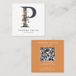 Boho Wildflower Initial P QR Code Square Business Card