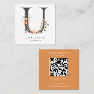 Boho Wildflower Initial U QR Code Square Business Card