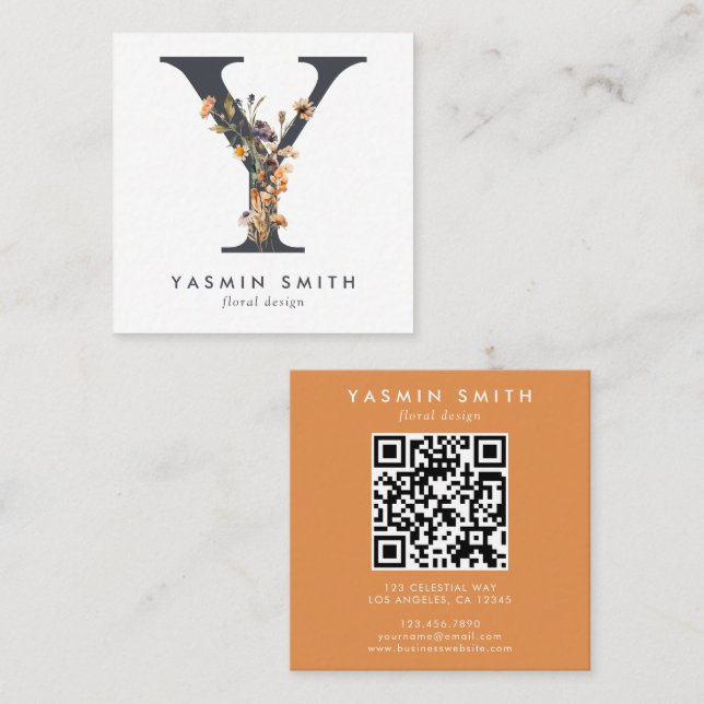 Boho Wildflower Initial Y QR Code Square Business Card (Front/Back)