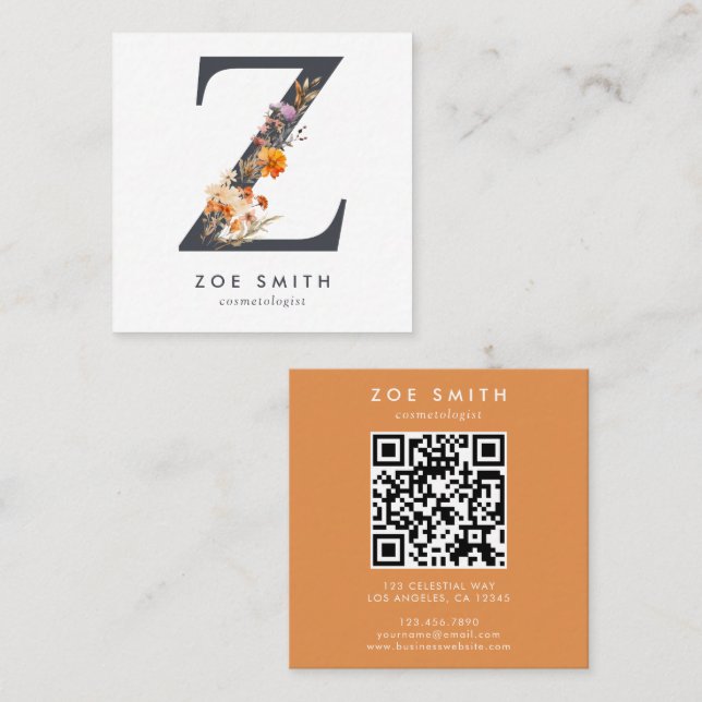 Boho Wildflower Initial Z QR Code Square Business Card (Front/Back)