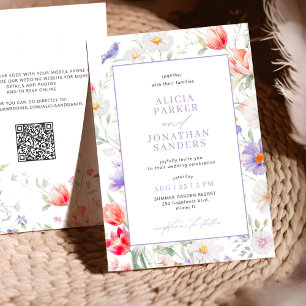 Boho wildflower lavender all in one QR wedding Invitation