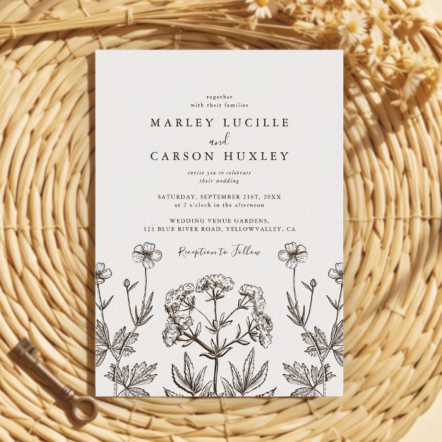 Boho Wildflower Line Art White Texture Wedding Invitation (Creator Uploaded)