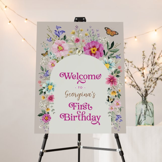 Boho Wildflower Meadow 1st Birthday Welcome Foam Board (In Situ (Stand))