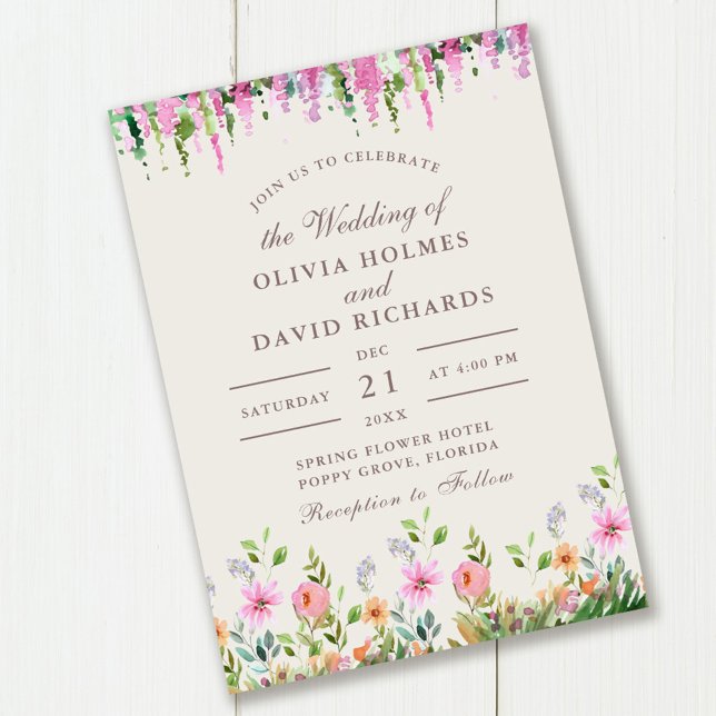 Boho Wildflower Meadow and Acacia Wedding Invitation (Boho Wildflower Meadow and Acacia Wedding Invitation on wooden table.)