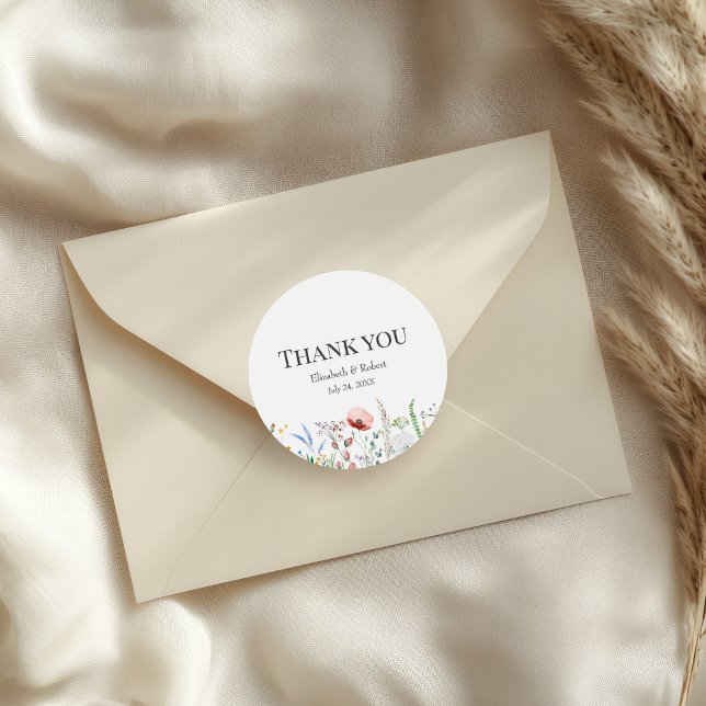 Boho Wildflower Meadow Envelope Seal Thank You (Wildflower Meadow Wedding Thank You Sticker on a wedding envelope)