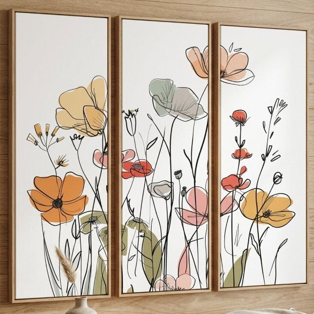 Boho Wildflower Meadow Line Art (Boho wildflower print set in a modern living room for a relaxing home refresh.)