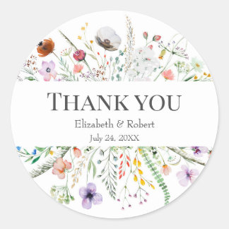 Boho Wildflower Meadow Round Wedding Thank You Classic Round Sticker