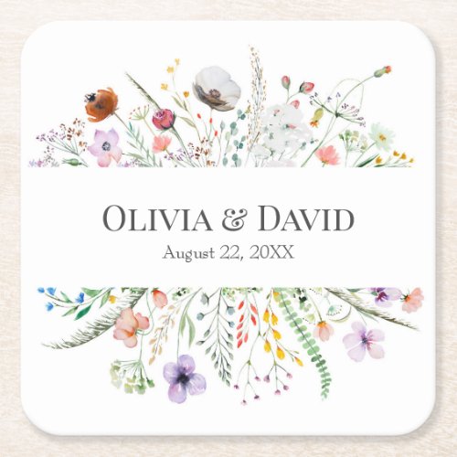 Boho Wildflower Meadow Wedding Square Paper Coaster